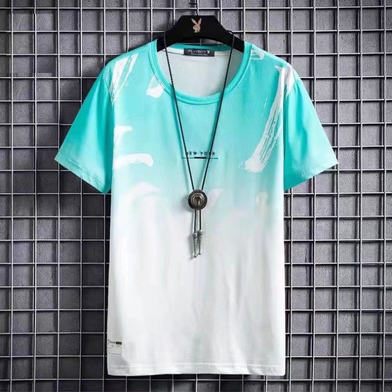 Color Matching Short-sleeved T-shirt Men's All-match Fashionable Brand Crew Neck Gradient Printed T-shirt Lazy Fashion Urban ins Summer - Image 4