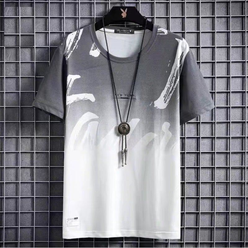 Color Matching Short-sleeved T-shirt Men's All-match Fashionable Brand Crew Neck Gradient Printed T-shirt Lazy Fashion Urban ins Summer - Image 3