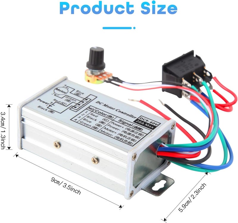 HARMNEE PWM DC Motor Speed Controller, DC 9V-60V & 10A Rated Brush Motor Stepless Speed Controller with Forward-Brake-Reverse Switch & Ajustable Potentiometer - Image 3