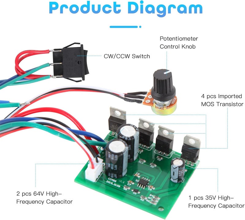 HARMNEE PWM DC Motor Speed Controller, DC 9V-60V & 10A Rated Brush Motor Stepless Speed Controller with Forward-Brake-Reverse Switch & Ajustable Potentiometer - Image 4