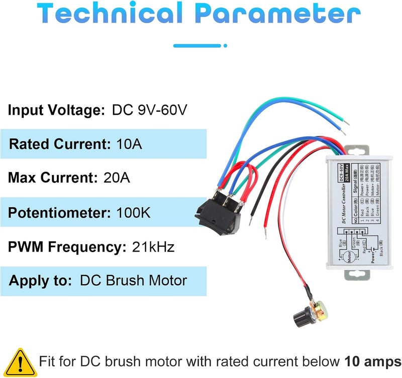 HARMNEE PWM DC Motor Speed Controller, DC 9V-60V & 10A Rated Brush Motor Stepless Speed Controller with Forward-Brake-Reverse Switch & Ajustable Potentiometer - Image 2