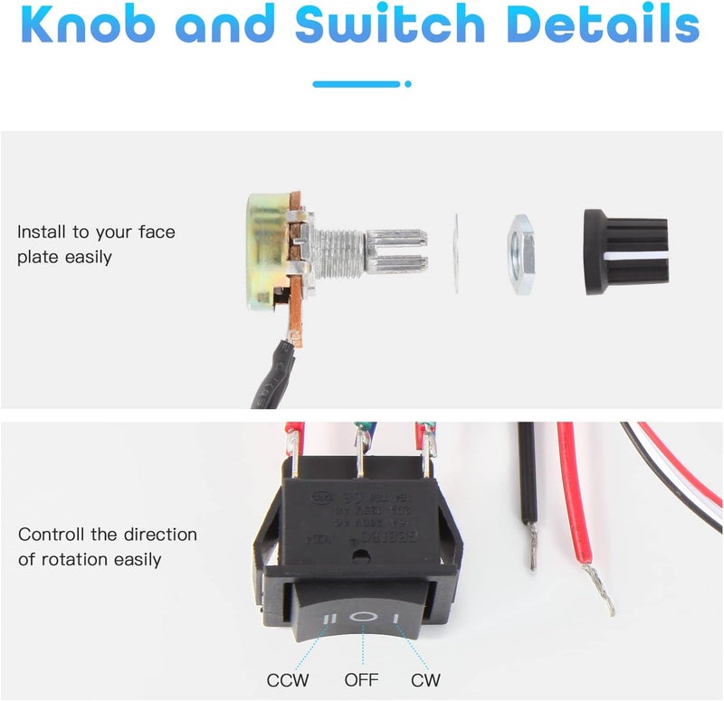 HARMNEE PWM DC Motor Speed Controller, DC 9V-60V & 10A Rated Brush Motor Stepless Speed Controller with Forward-Brake-Reverse Switch & Ajustable Potentiometer - Image 5