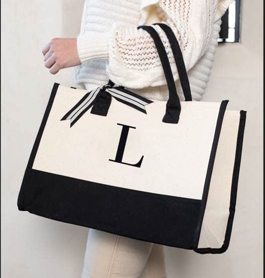 Mud Pie Classic Black and White Initial Canvas Tote Bags (L), 100% Cotton, 17" x 19" x 2" - Image 2