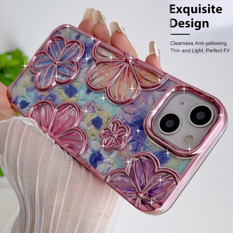 Mobistyle Designed for iPhone 14 Cover| Electroplating Bling Colourful Floral 3D TPU Camera Protection Back Cover Case for Women Girls (Pink) - Image 2