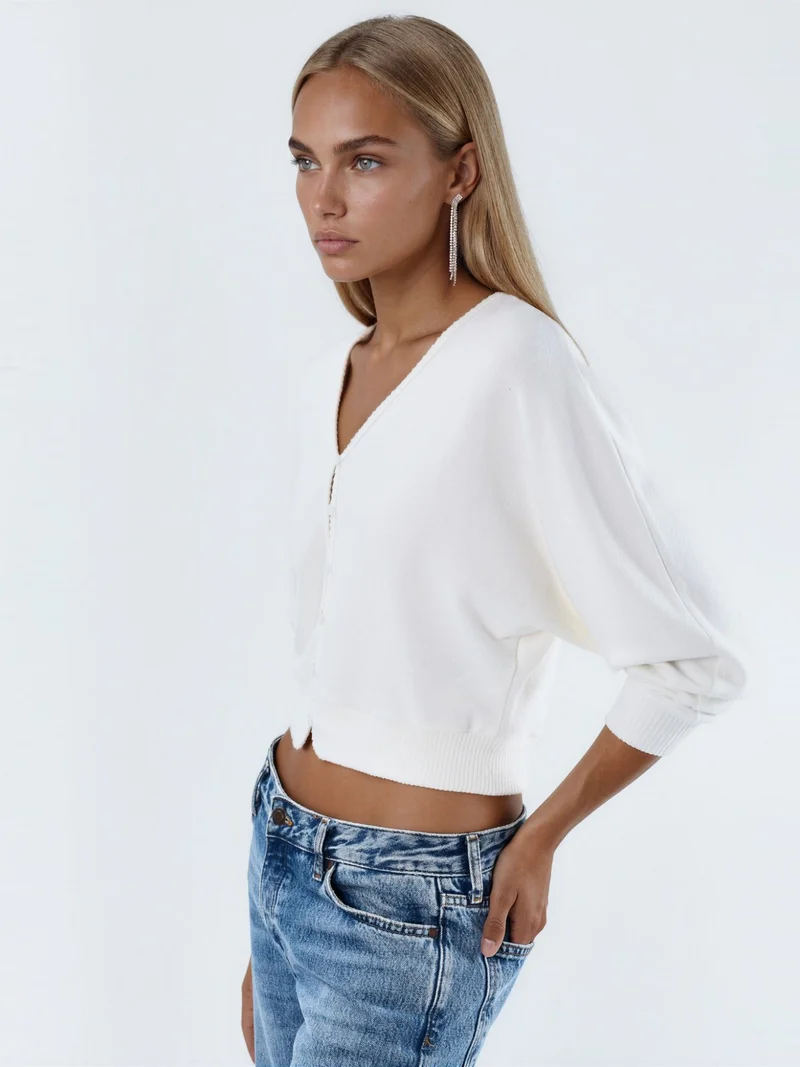 بوسيم BUSEM V-Neck Ribbed Crop Cardigan