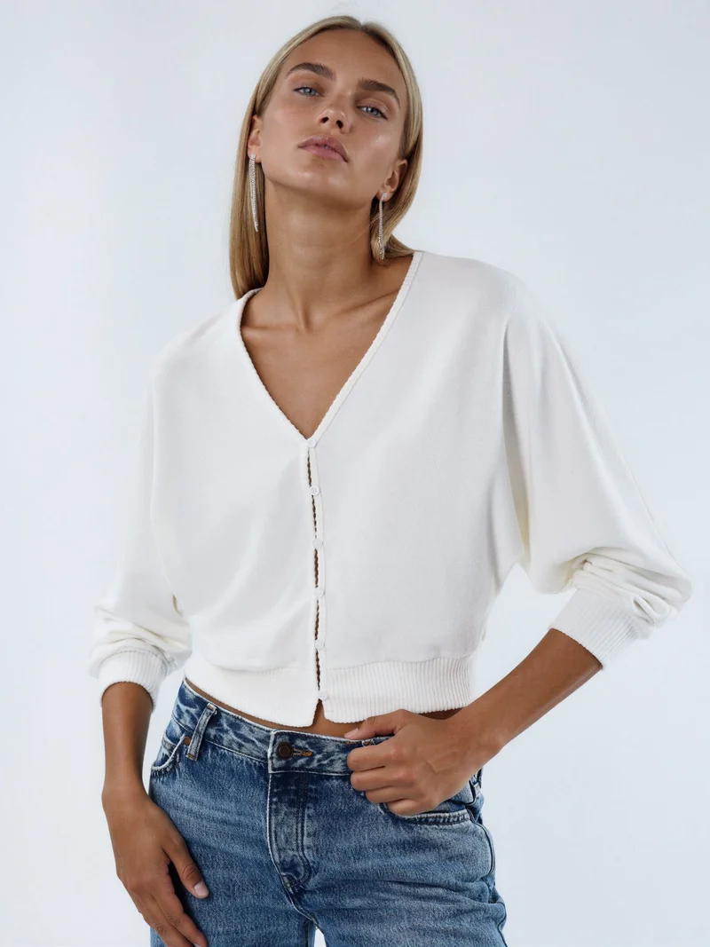 بوسيم BUSEM V-Neck Ribbed Crop Cardigan