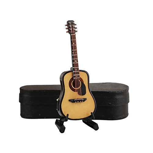 Dselvgvu Wooden Miniature Guitar with Stand and Case Mini Musical Instrument Acoustic Guitar Replica Collectible Figurines Model Home Decoration Display Ornament (Wood Color, 3.93"x1.42"x0.56") - Image 1