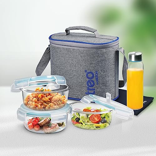 Treo By Milton All Fresh Premier Glass Lunch Box, Set of 5 (3 Round Containers 400 Ml Each; Bottle, 250 Ml & Dinning Mat) With Bag, Microwave & Dishwasher Safe, Leak Proof, Borosilicate Tiffin - Image 4