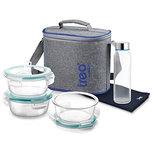 Treo By Milton All Fresh Premier Glass Lunch Box, Set of 5 (3 Round Containers 400 Ml Each; Bottle, 250 Ml & Dinning Mat) With Bag, Microwave & Dishwasher Safe, Leak Proof, Borosilicate Tiffin - Image 2