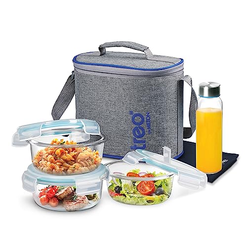 Treo By Milton All Fresh Premier Glass Lunch Box, Set of 5 (3 Round Containers 400 Ml Each; Bottle, 250 Ml & Dinning Mat) With Bag, Microwave & Dishwasher Safe, Leak Proof, Borosilicate Tiffin - Image 1