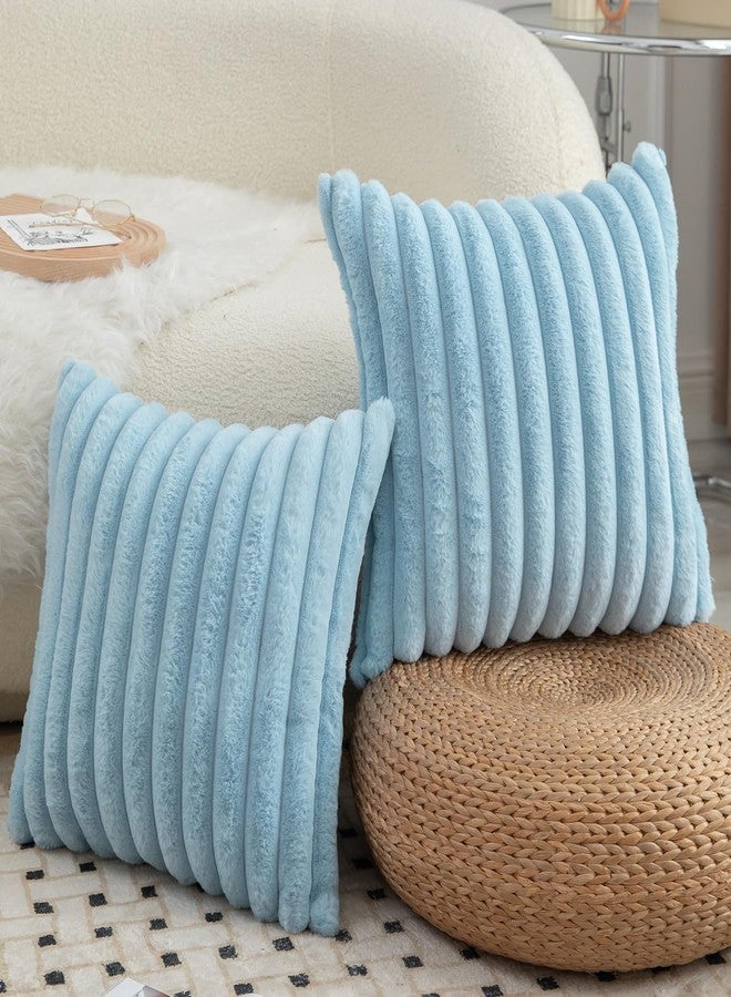 MANDIOO Pack of 2 Decorative Throw Pillow Covers Faux Fur Striped Plush Soft Cushion Covers Pillow Cases Bedroom Living Room Sofa Home 18x18 Inch Light Blue - Image 4