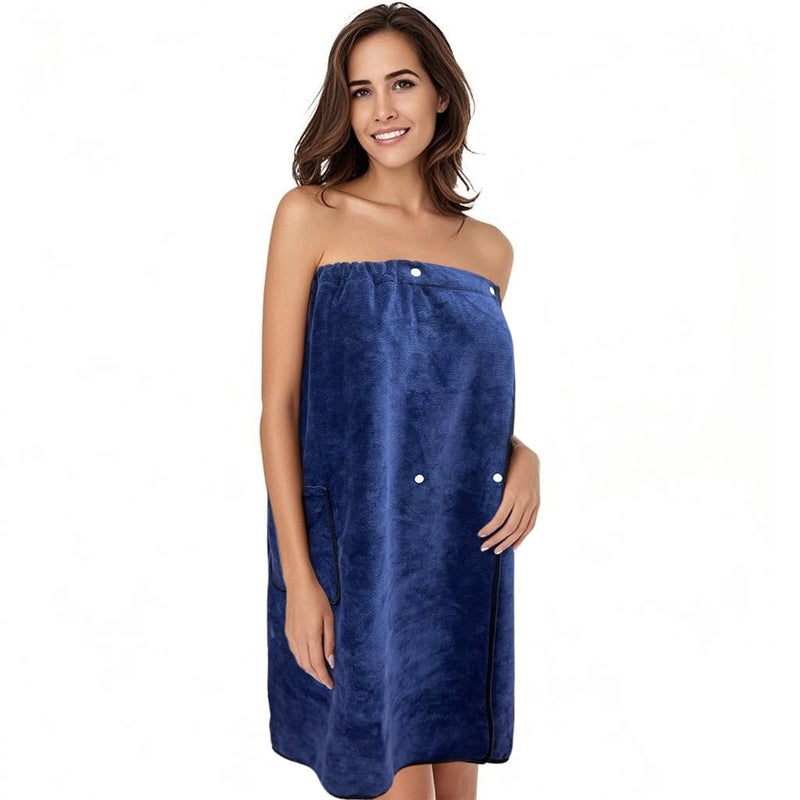 SINLAND Womens Spa Wrap Microfiber Lightweight Knee Length Bath Body Wrap Shower Towels with Adjustable Closure 32 Inch x 60 Inch Navy Blue
