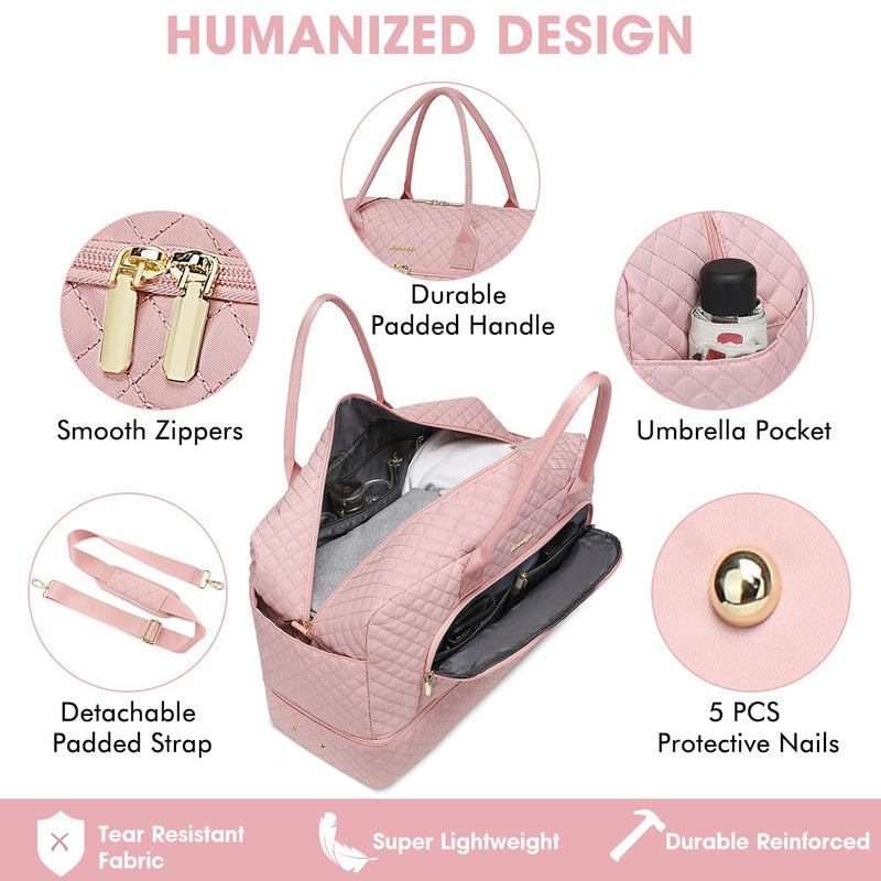 LUOCIP Large Women Travel Duffle Bag - Carry on Overnight Bag Weekend Travel Duffel Tote Gym Bag with Wet Pocket Toiletry Weekender Overnight Bag for Travel Business Trips Sports Hospital Pink 3 Pcs Set - Image 3