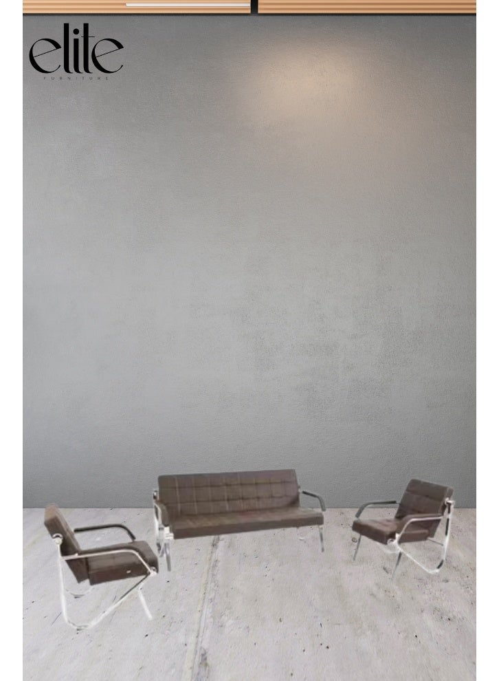 أثاث النخبة طقم أريكة مكتب من القماش بلون بني فاتح، مكون من 3 قطع - مقاعد استقبال مريحة بإطار من الكروم - أثاث عصري لمنطقة الانتظار - Image 1