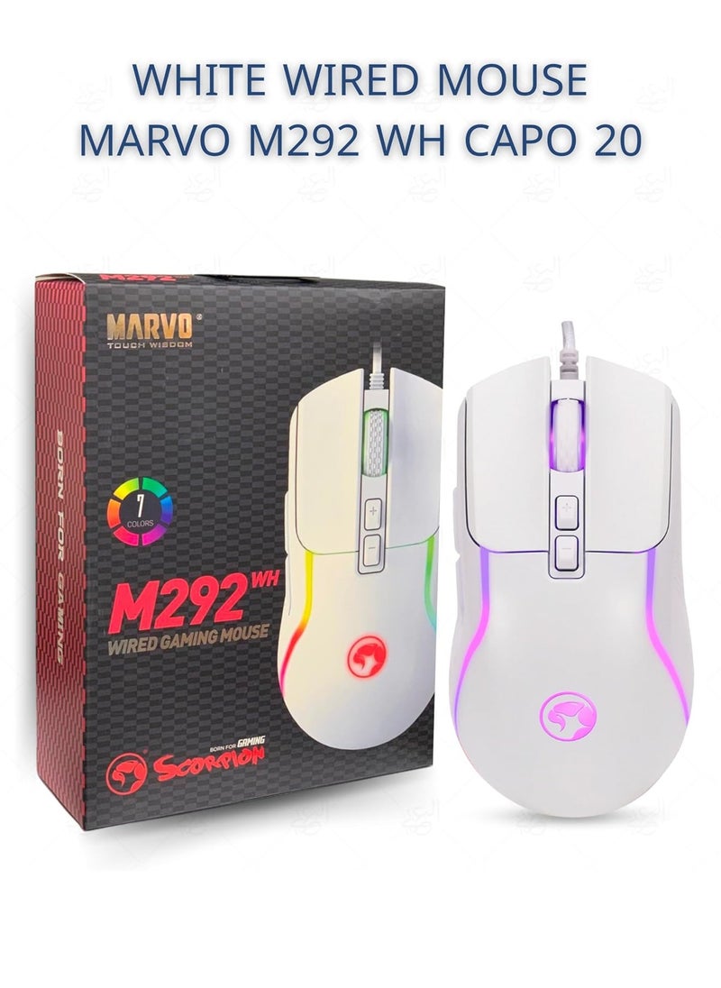 Marvo - M292 Gaming Mouse – 7 Programmable Buttons – 7 RGB Colorful Breathing Light – Adjustable 8000DPI – USB Wired Ergonomic Optical Mouse  for PC, Laptop | White - Image 1