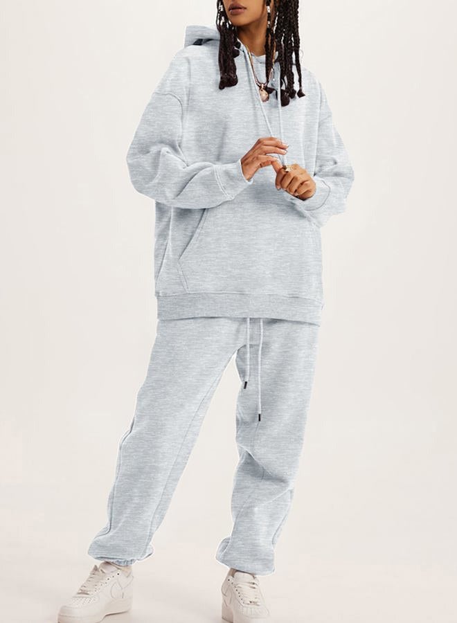 Flygo Womens Fleece 2 Piece Outfits Lounge Hoodie Sweatsuits Sets Oversized Sweatshirt Baggy Sweatpants Set W/Pockets, Heather Grey, XL - Image 3