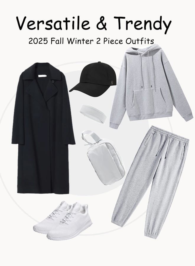 Flygo Womens Fleece 2 Piece Outfits Lounge Hoodie Sweatsuits Sets Oversized Sweatshirt Baggy Sweatpants Set W/Pockets, Heather Grey, XL - Image 5