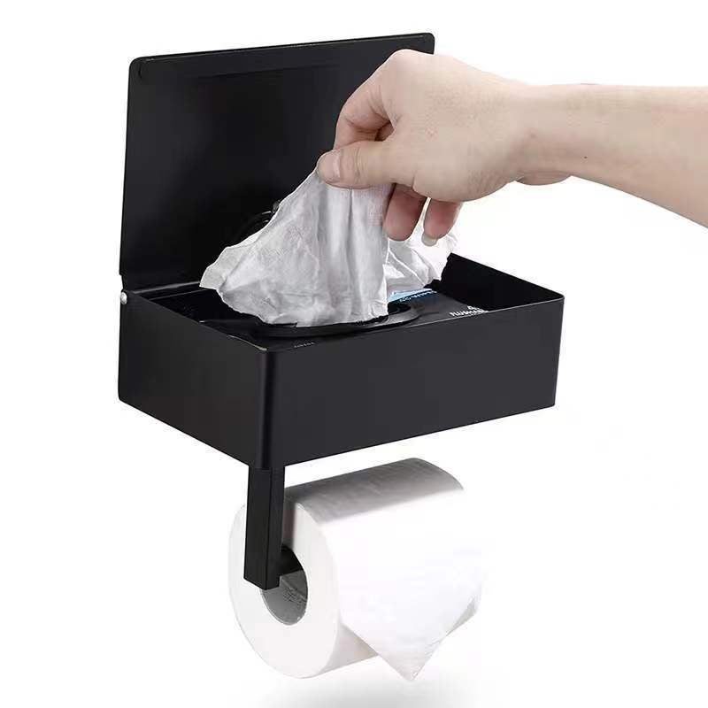 Stainless steel wipes holder, bathroom multi-functional tissue holder, black wipes holder, tissue holder without punching holes - Image 1