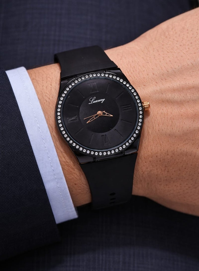 ساعة يد رجالية ضد الماء و بجودة عالية ربل - سوار أسود مع ميناء أسود