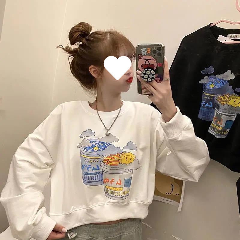 Short Top Small Loose Lazy Style Design Sense fleece-lined Sweat Womens Trendy Ins Student Long Sleeve Womens Korean Style White cake with velvet