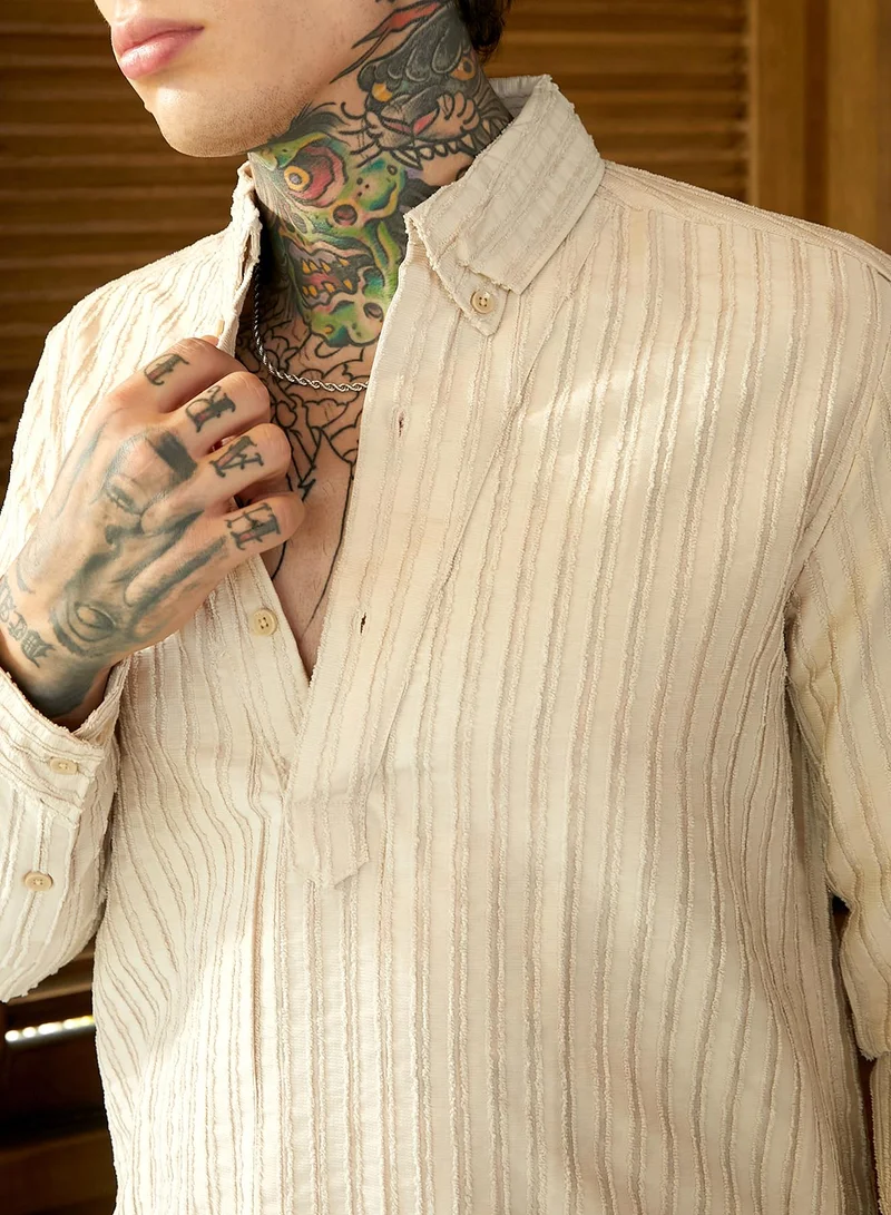 كامبوس سوترا Men's Saltbox Beige Edge-Lined Half-Placket Shirt