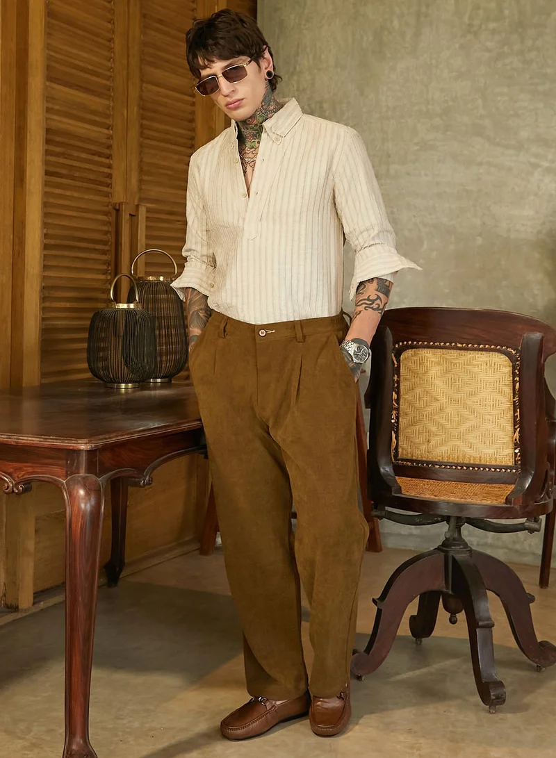 كامبوس سوترا Men's Saltbox Beige Edge-Lined Half-Placket Shirt