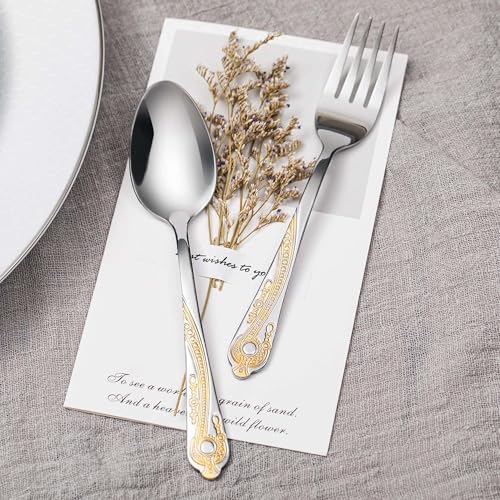 HF HOFTEN Gold Silverware Set, 20 Piece Stainless Steel Golden Flatware Set for 4, Silver Tableware Set with 24K Gold-Plated Trim, Eating Utensils, Great for Family Gatherings & Daily Use(Prestige) - Image 5