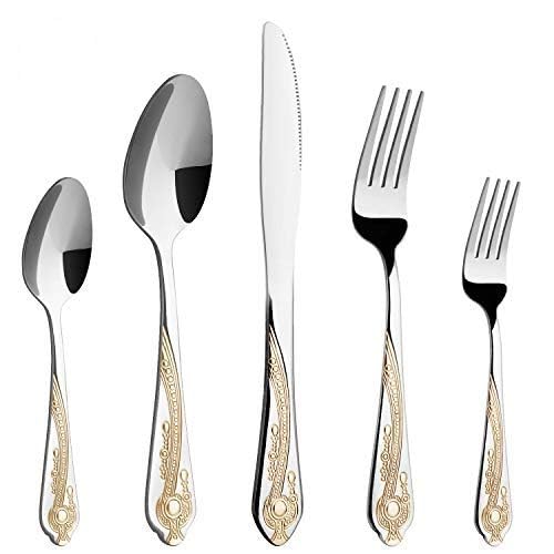HF HOFTEN Gold Silverware Set, 20 Piece Stainless Steel Golden Flatware Set for 4, Silver Tableware Set with 24K Gold-Plated Trim, Eating Utensils, Great for Family Gatherings & Daily Use(Prestige) - Image 2