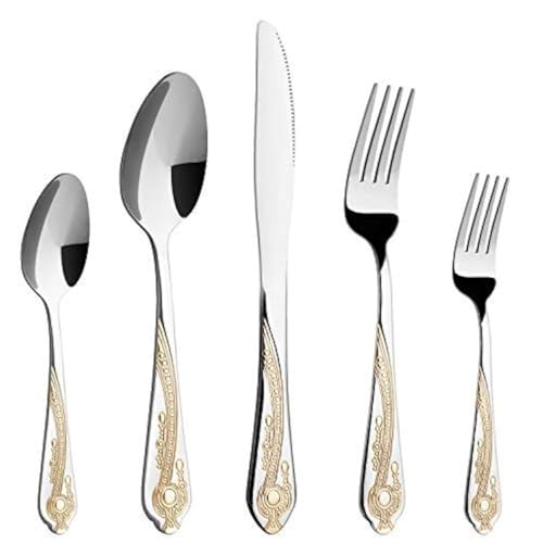 HF HOFTEN Gold Silverware Set, 20 Piece Stainless Steel Golden Flatware Set for 4, Silver Tableware Set with 24K Gold-Plated Trim, Eating Utensils, Great for Family Gatherings & Daily Use(Prestige) - Image 1