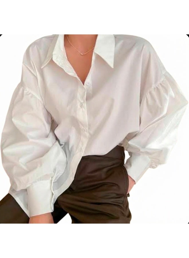 Women's Oversized Poplin Shirt with Puff Sleeves - White - One Size - Image 3