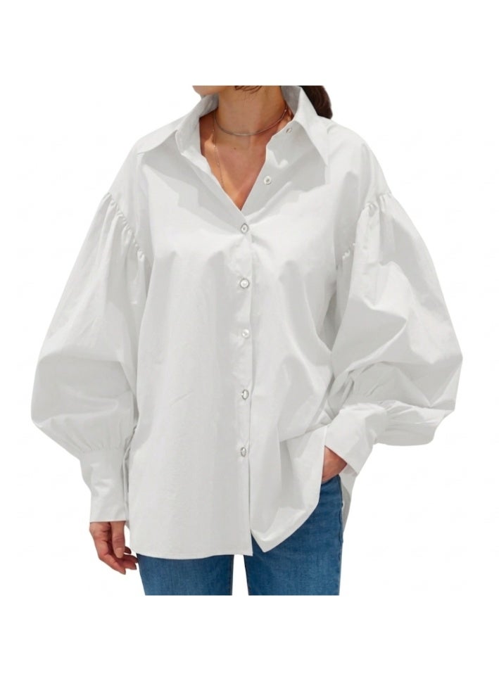 Women's Oversized Poplin Shirt with Puff Sleeves - White - One Size - Image 2