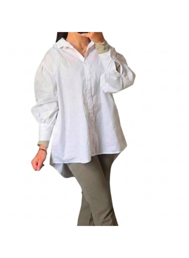Women's Oversized Poplin Shirt with Puff Sleeves - White - One Size - Image 1