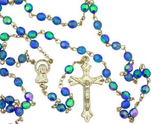 Catholic Brands Light Blue Aurora Borealis Style Glass 6MM Bead Rosary With Virgin Mary Center - Image 2