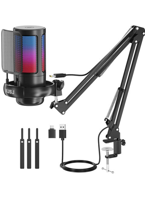 USB Gaming Microphone Set, Condenser Mic with Boom Arm for PC/PS4/ PS5/ Mac/Phone with Touch Mute, RGB Lighting,Gain knob & Monitoring Jack for Streaming, Podcasting, YouTube, Live