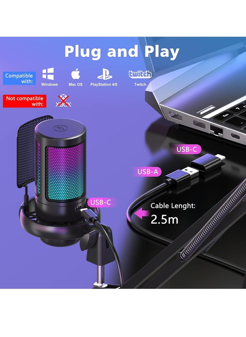 Mike Music - USB Gaming Microphone Set, Condenser Mic with Boom Arm for PC/PS4/ PS5/ Mac/Phone with Touch Mute, RGB Lighting,Gain knob & Monitoring Jack for Streaming, Podcasting, YouTube, Live - Image 1
