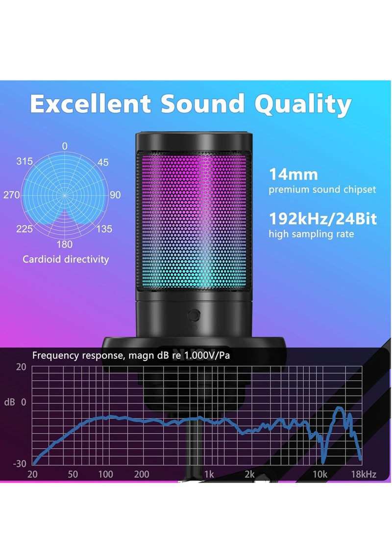 Mike Music - USB Gaming Microphone Set, Condenser Mic with Boom Arm for PC/PS4/ PS5/ Mac/Phone with Touch Mute, RGB Lighting,Gain knob & Monitoring Jack for Streaming, Podcasting, YouTube, Live - Image 1