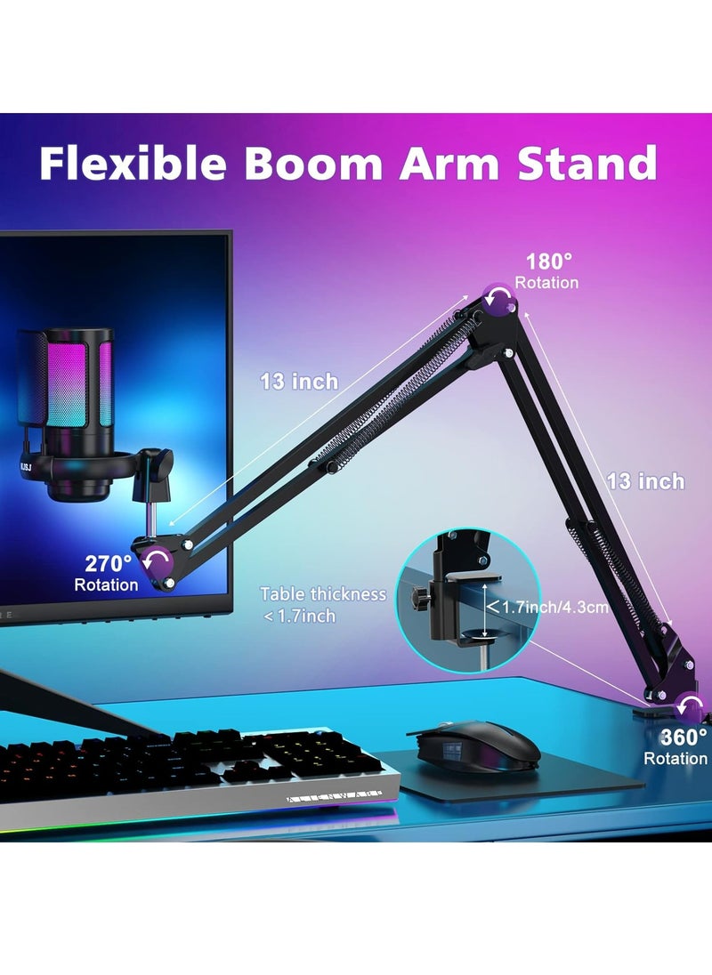 Mike Music - USB Gaming Microphone Set, Condenser Mic with Boom Arm for PC/PS4/ PS5/ Mac/Phone with Touch Mute, RGB Lighting,Gain knob & Monitoring Jack for Streaming, Podcasting, YouTube, Live - Image 1