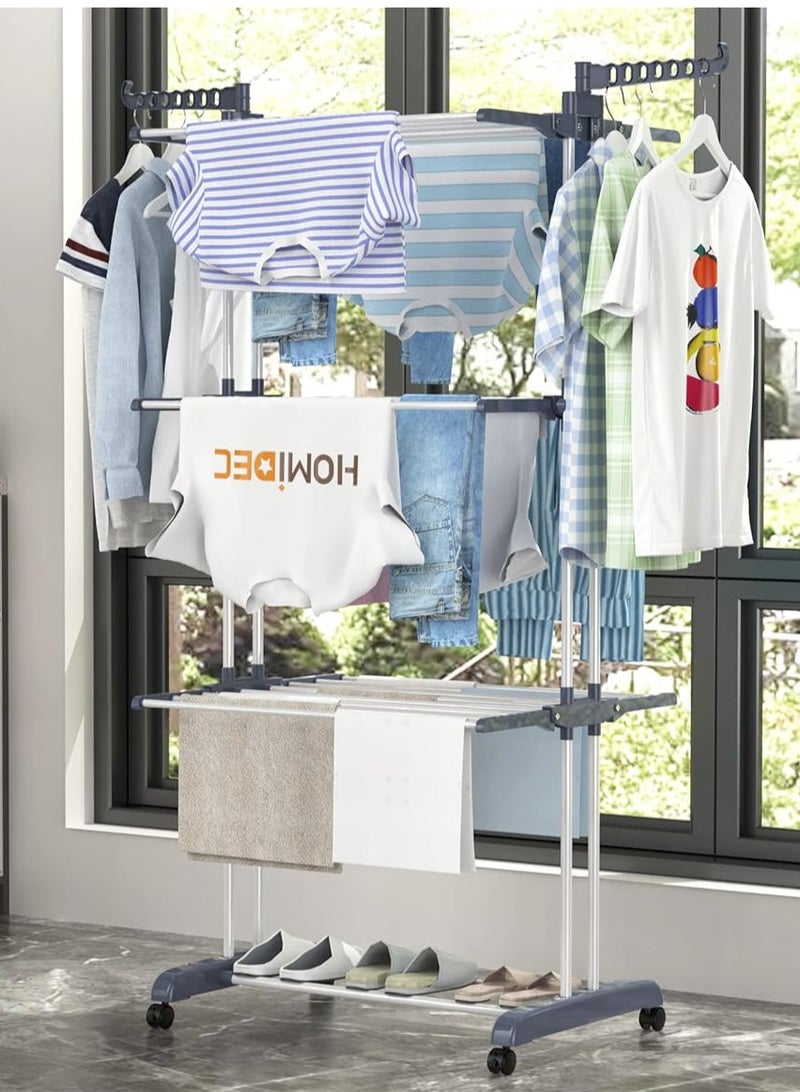 شوبيت رف تجفيف الملابس، رف تجفيف متحرك من الفولاذ المقاوم للصدأ مع 4 عجلات، 24 عمود تجفيف، 14 خطافًا، 4 طبقات لبياضات السرير والملابس (ارتفاع 67.7) - Image 2