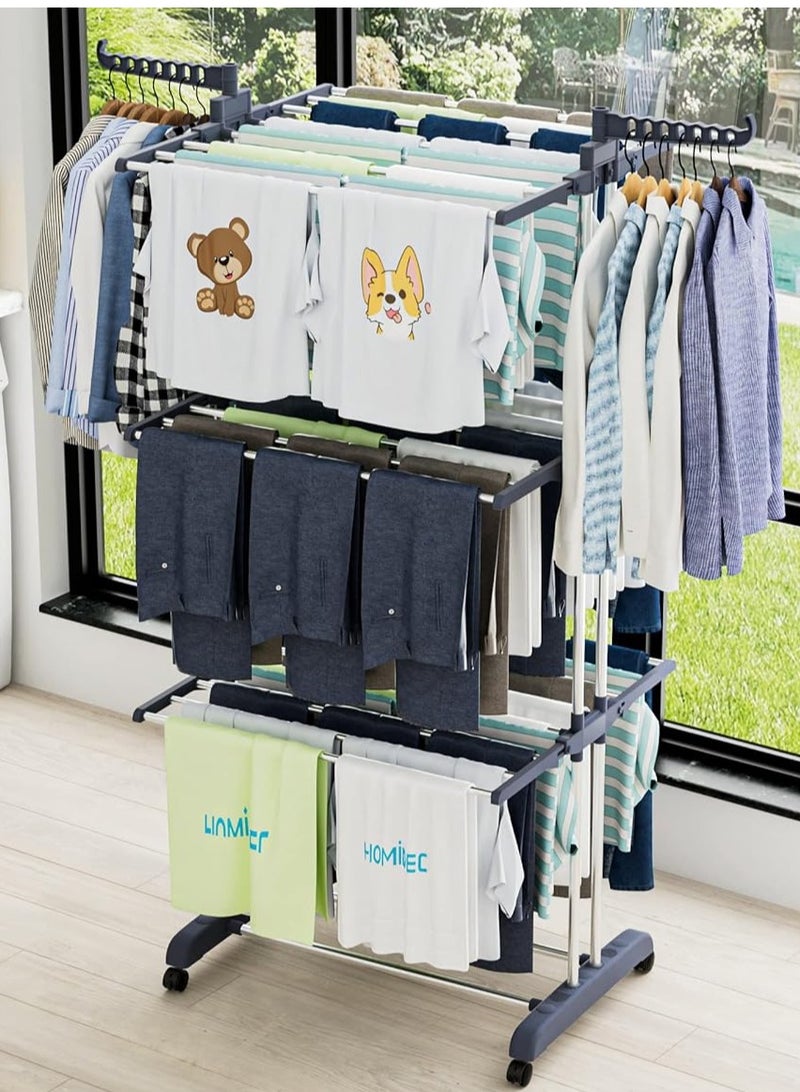 شوبيت رف تجفيف الملابس، رف تجفيف متحرك من الفولاذ المقاوم للصدأ مع 4 عجلات، 24 عمود تجفيف، 14 خطافًا، 4 طبقات لبياضات السرير والملابس (ارتفاع 67.7) - Image 3