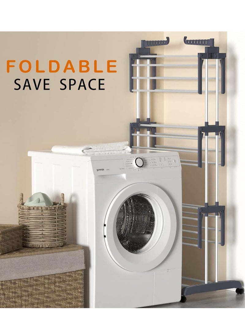 شوبيت رف تجفيف الملابس، رف تجفيف متحرك من الفولاذ المقاوم للصدأ مع 4 عجلات، 24 عمود تجفيف، 14 خطافًا، 4 طبقات لبياضات السرير والملابس (ارتفاع 67.7) - Image 4