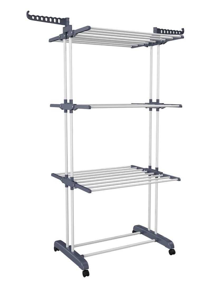 شوبيت رف تجفيف الملابس، رف تجفيف متحرك من الفولاذ المقاوم للصدأ مع 4 عجلات، 24 عمود تجفيف، 14 خطافًا، 4 طبقات لبياضات السرير والملابس (ارتفاع 67.7) - Image 5