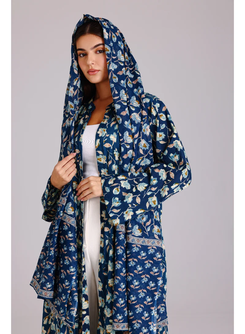 IKKXA Beautiful Floral Prints Design Abaya Blue