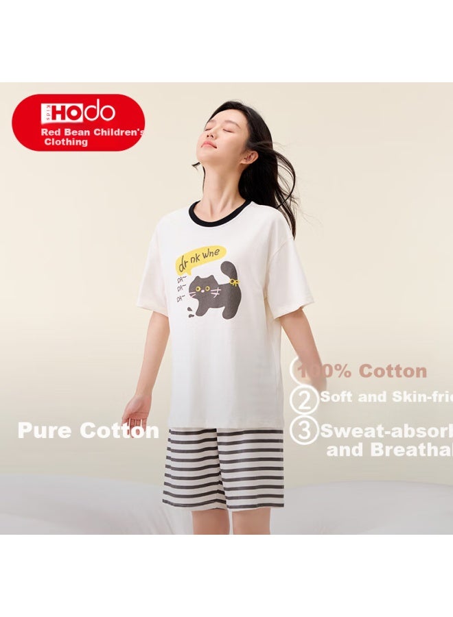 Red Bean طقم بيجاما قصير الأكمام من الفاصولياء الحمراء للصيف للذكور والإناث طلاب المدارس المتوسطة من القطن الخالص ملابس منزلية خارجية N3358 أبيض 165 - Image 1