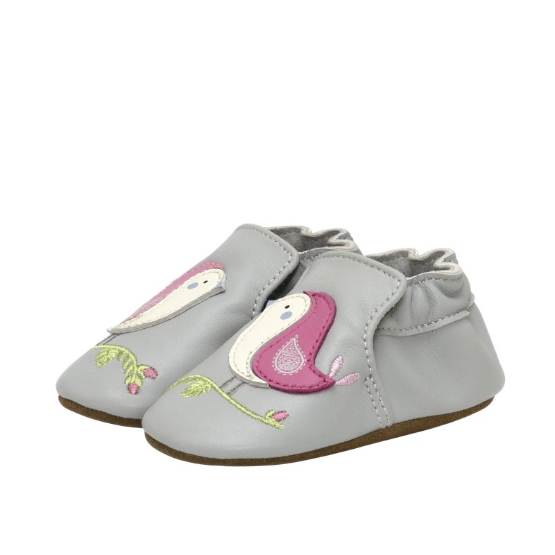 Robeez Baby Girls and Unisex Soft Soles Slip-Resistant Crib Shoes Slippers Moccasins for Infant and Toddler - Bird Buddies - 0-6 Months Grey - Image 1