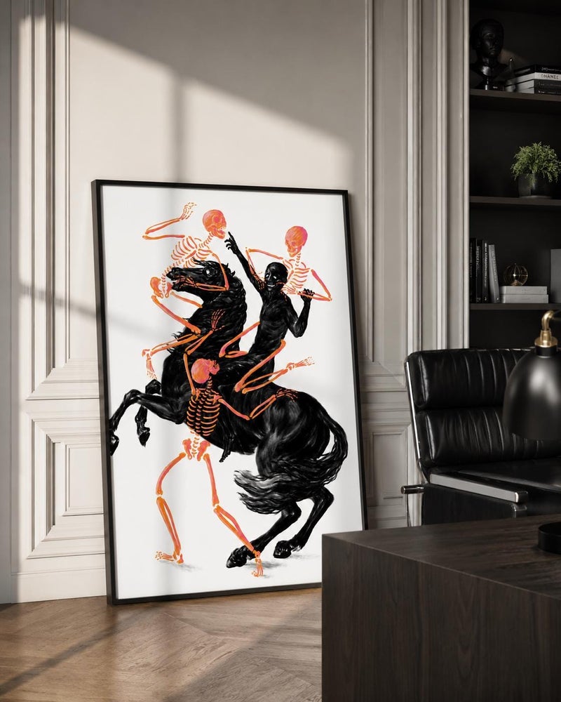 TNESSENTIAL Neon Skeleton Horse Rider Print, Gothic Surreal Equestrian Artwork, Halloween Decor (Rolled Art Print) - Image 1