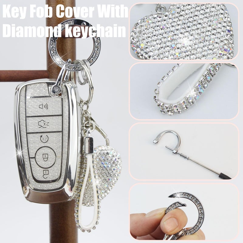 YIKECASE Key Fob Cover with Diamond Keychain for Women, Car Key Holder Compatible with Ford Explorer Fusion Edge Expedition F150 F250 F350 F450 F550 Maverick Mustang, 5 Buttons (Silver-Heart) - Image 3