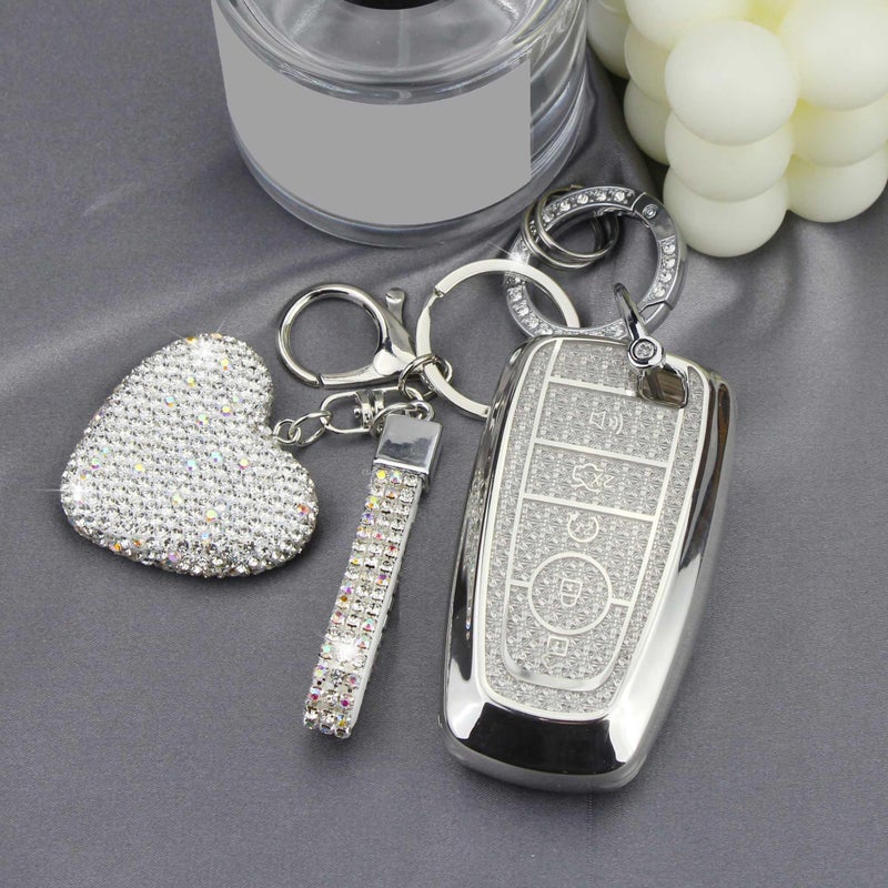 YIKECASE Key Fob Cover with Diamond Keychain for Women, Car Key Holder Compatible with Ford Explorer Fusion Edge Expedition F150 F250 F350 F450 F550 Maverick Mustang, 5 Buttons (Silver-Heart) - Image 4