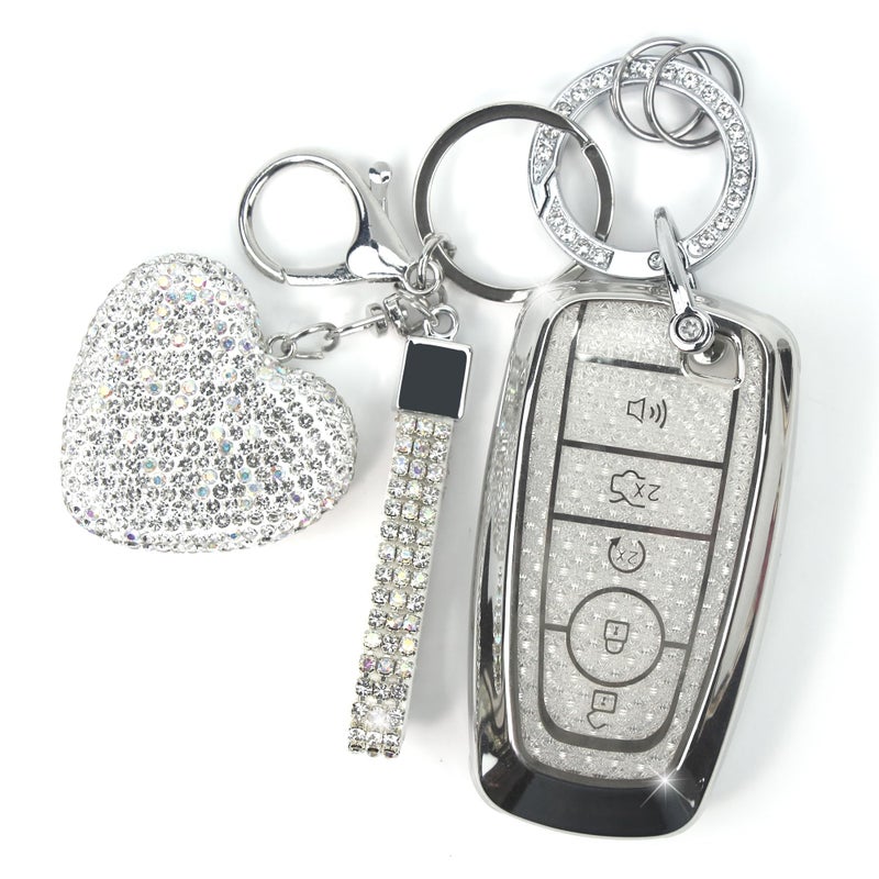 YIKECASE Key Fob Cover with Diamond Keychain for Women, Car Key Holder Compatible with Ford Explorer Fusion Edge Expedition F150 F250 F350 F450 F550 Maverick Mustang, 5 Buttons (Silver-Heart) - Image 1