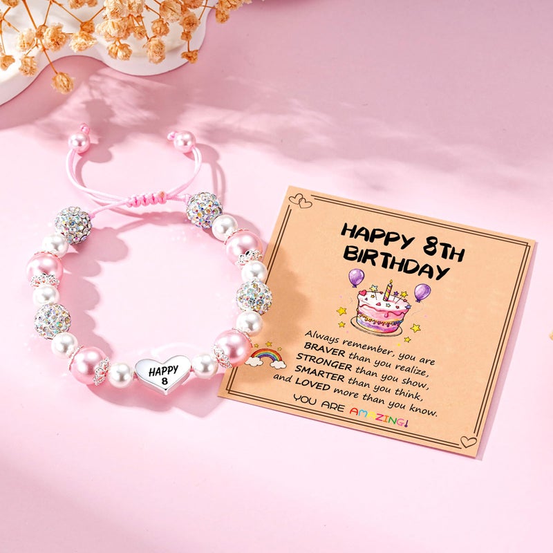 Esrial Happy 8 Year Old Birthday Gifts for Girls, Adjustable Pink Pearl Heart Beaded Bracelet for Daughter Granddaughter Niece Birthday Christmas Gifts - Image 2