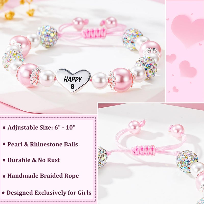 Esrial Happy 8 Year Old Birthday Gifts for Girls, Adjustable Pink Pearl Heart Beaded Bracelet for Daughter Granddaughter Niece Birthday Christmas Gifts - Image 4